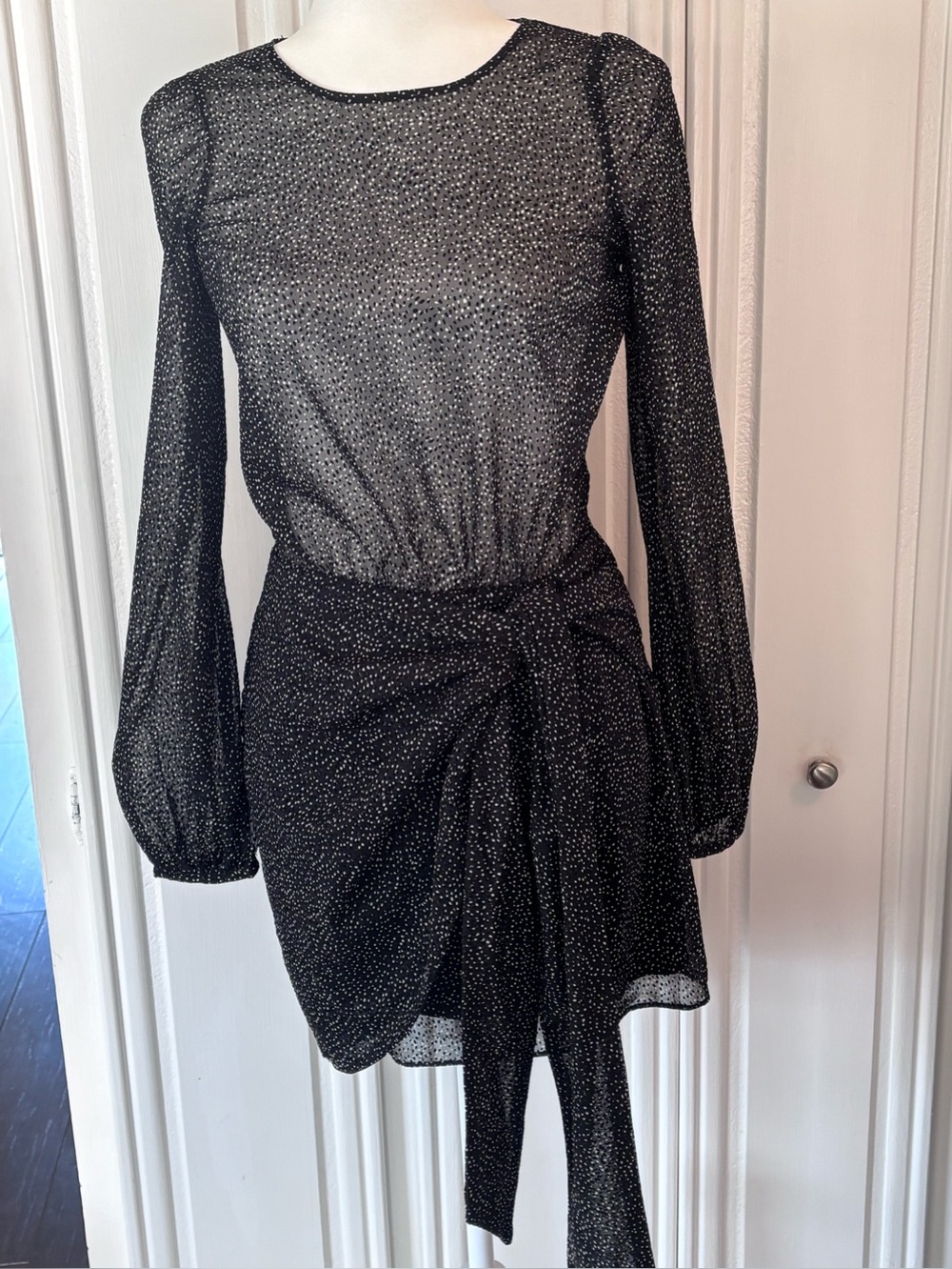 Zara Black Long-Sleeve sheer Tie-Waist Mini Dress XS
